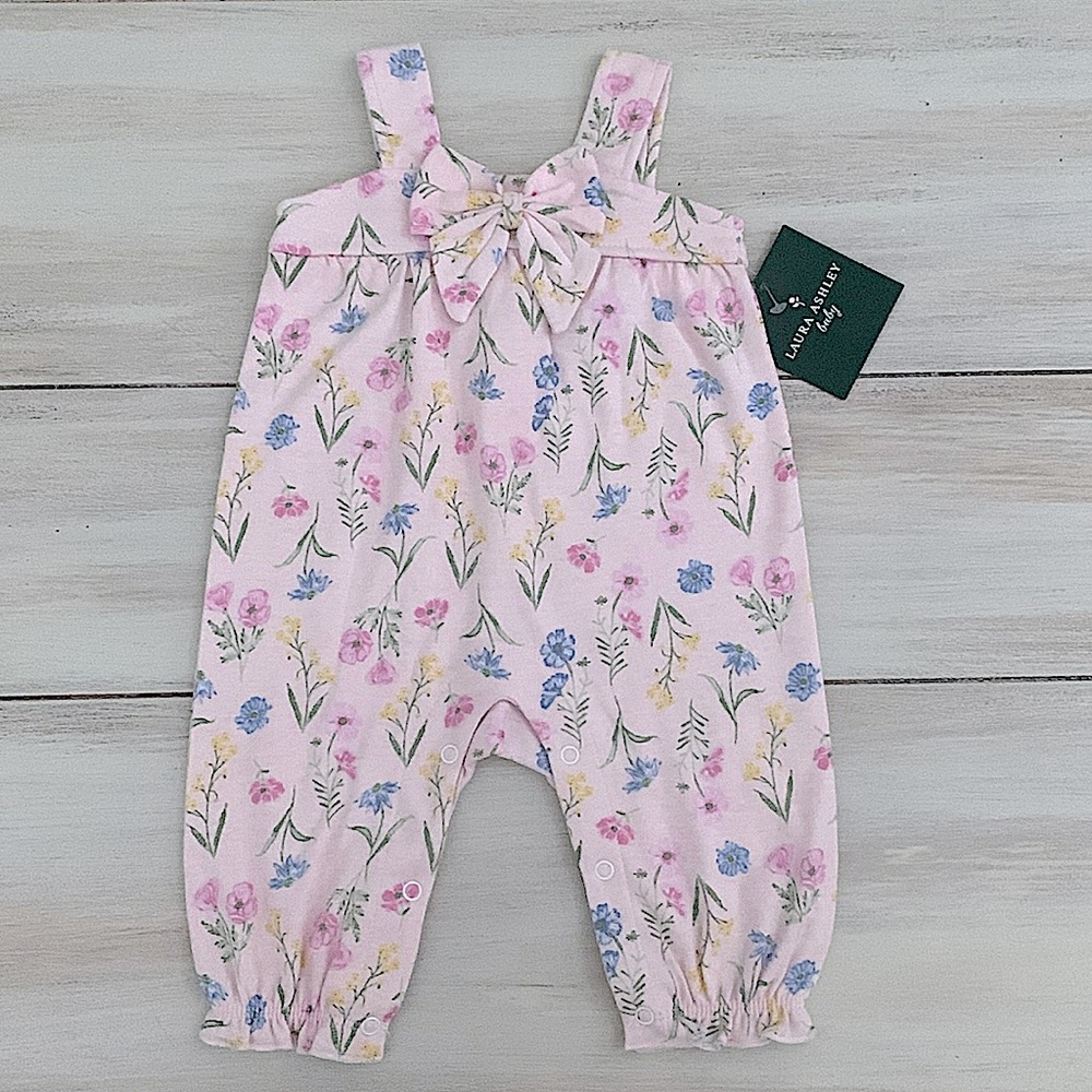 NEW! Laura Ashley Baby Light Pink Floral Bow Coverall Onesie Newborn 0-3 Months